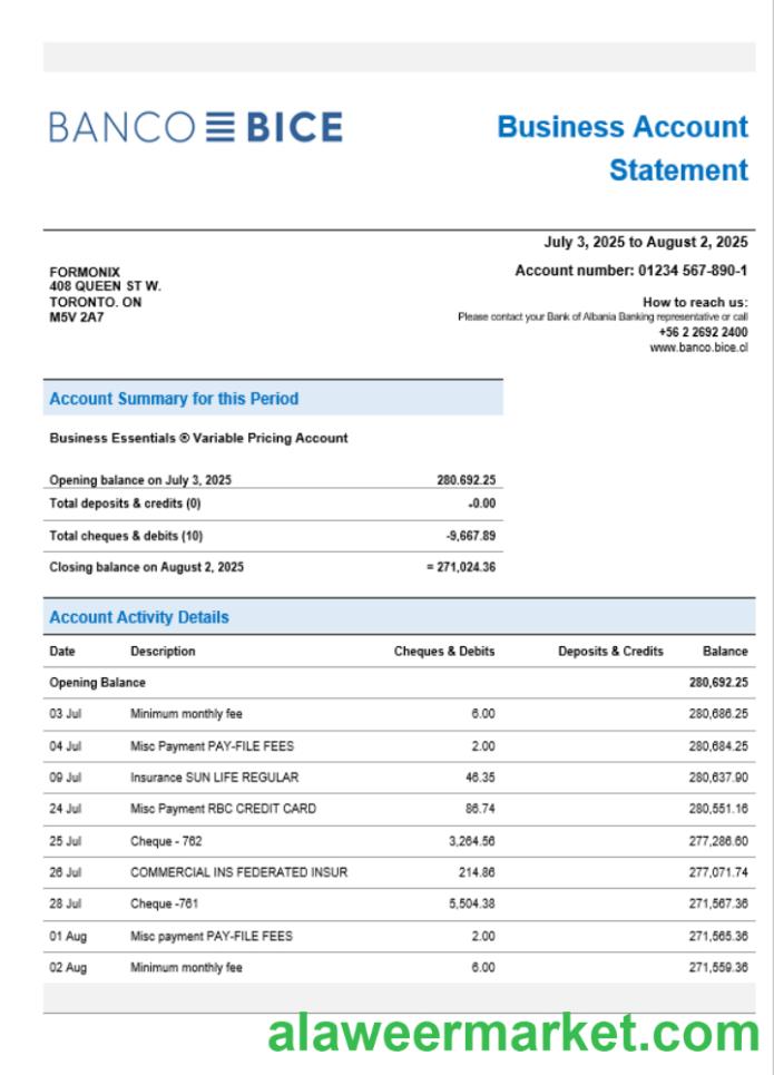 Chilean Banco Bice business firm account bank statement Word and PDF format